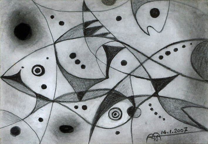 Aram Alecian, Poissons 1, techniques mixtes, 2007, 20,7×14,7 cm