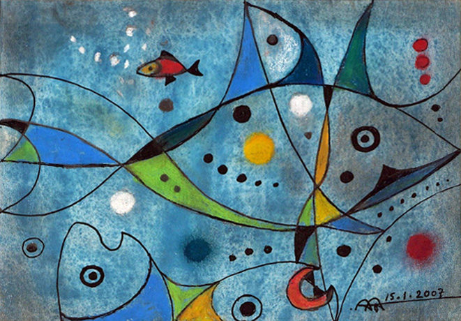 Aram Alecian, Poissons 2, techniques mixtes, 2007, 20,7×14,7 cm